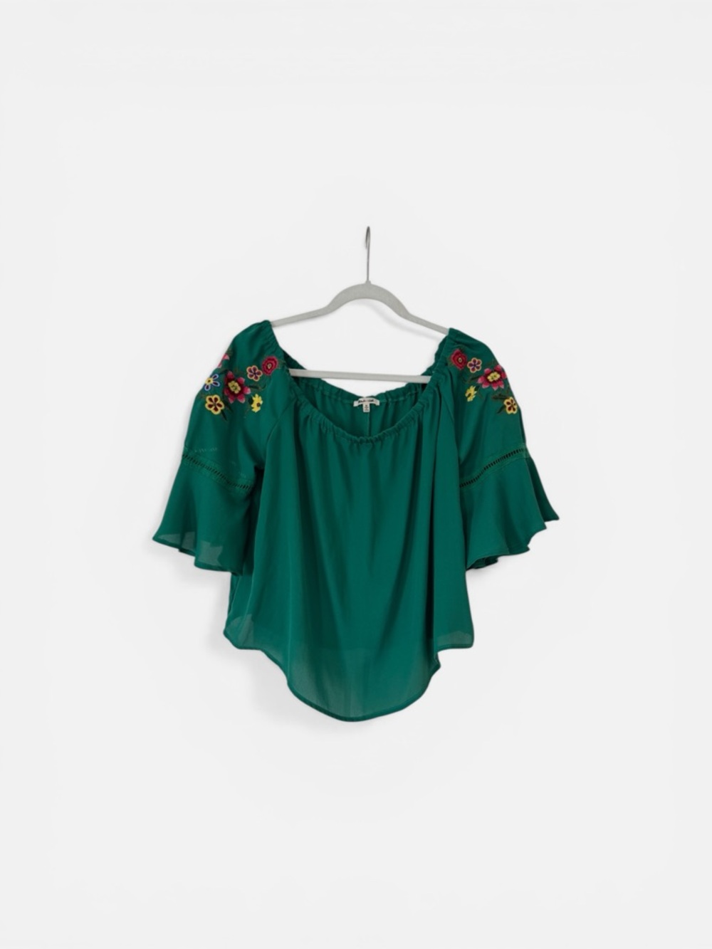 bleuh ciel Emerald Off-Shoulder Blouse with Floral Embroidery